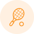 A tennis racket and ball in an orange circle.