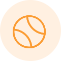 A tennis ball is shown in an orange circle.